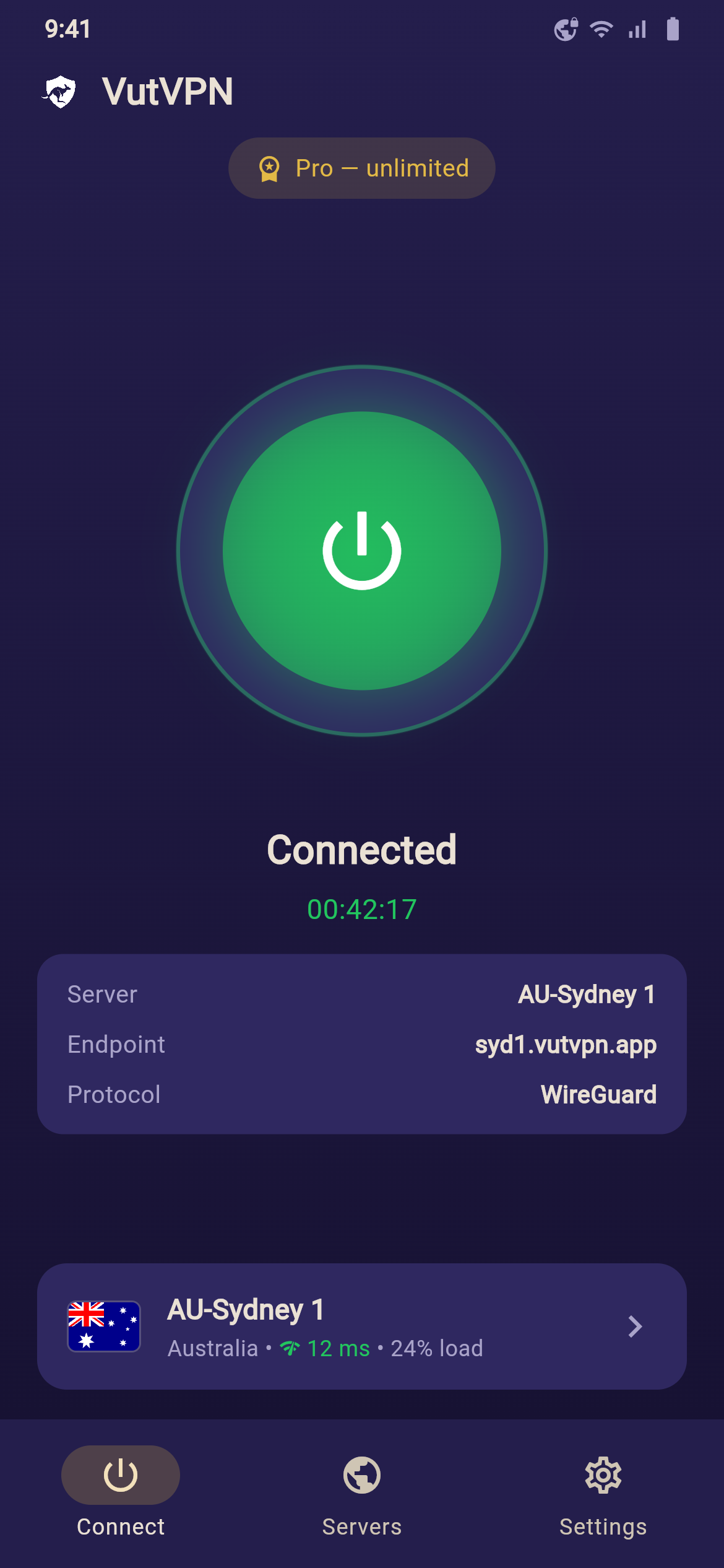 VutVPN app — connected to AU-Sydney server